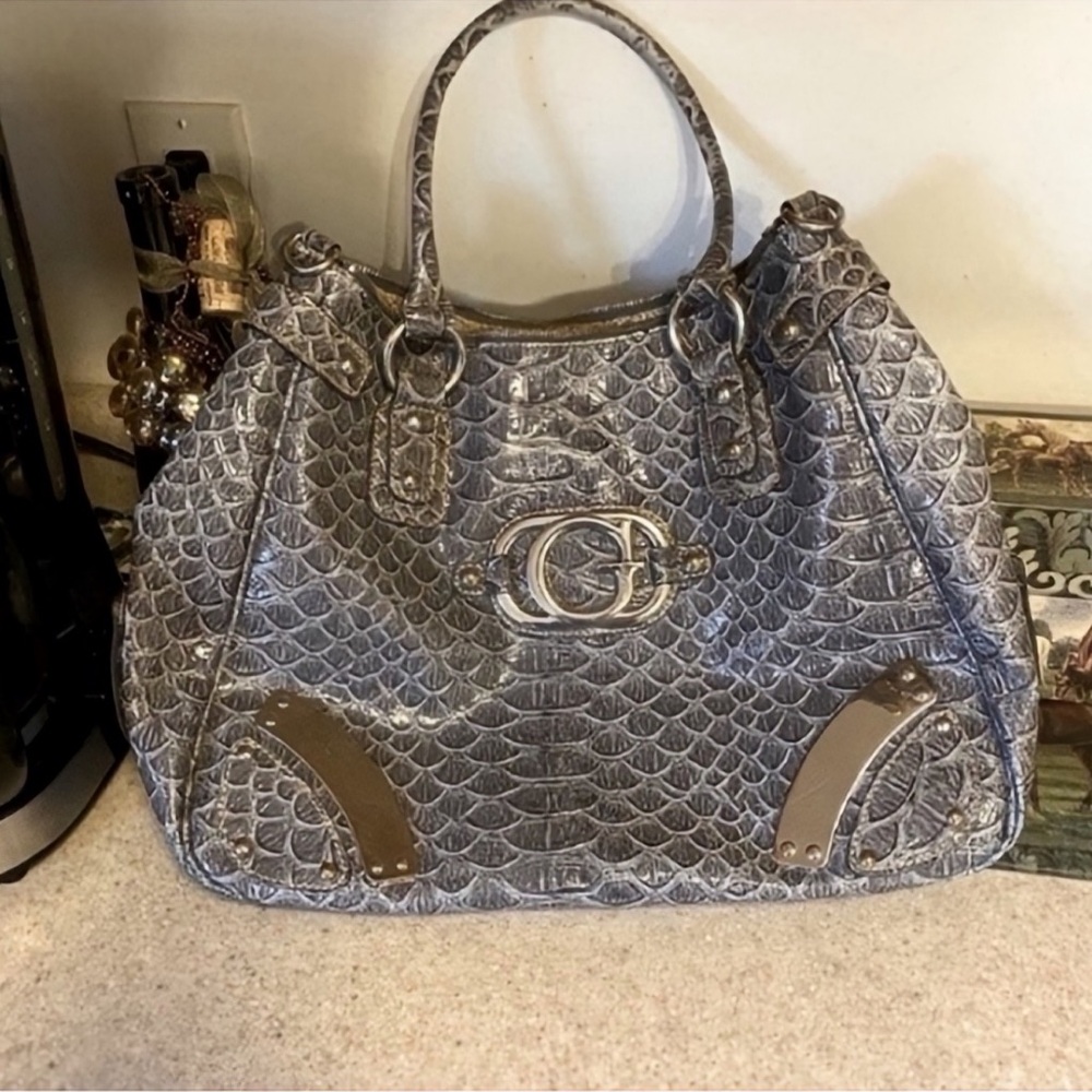 Guess Silver Textured Satchel Bag